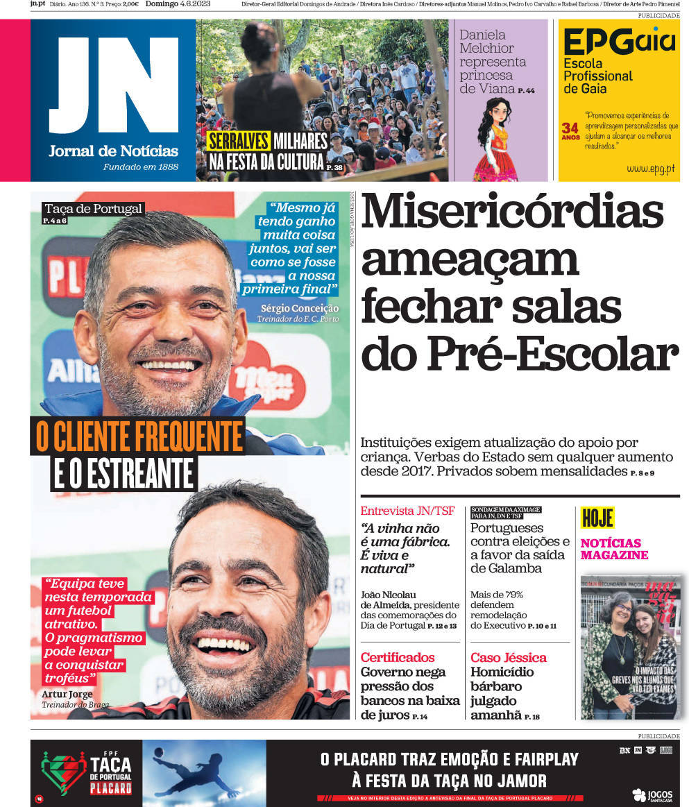 Jornal de Not&iacute;cias: Capa da Edi&ccedil;&atilde;o de domingo, 04 de junho 2023