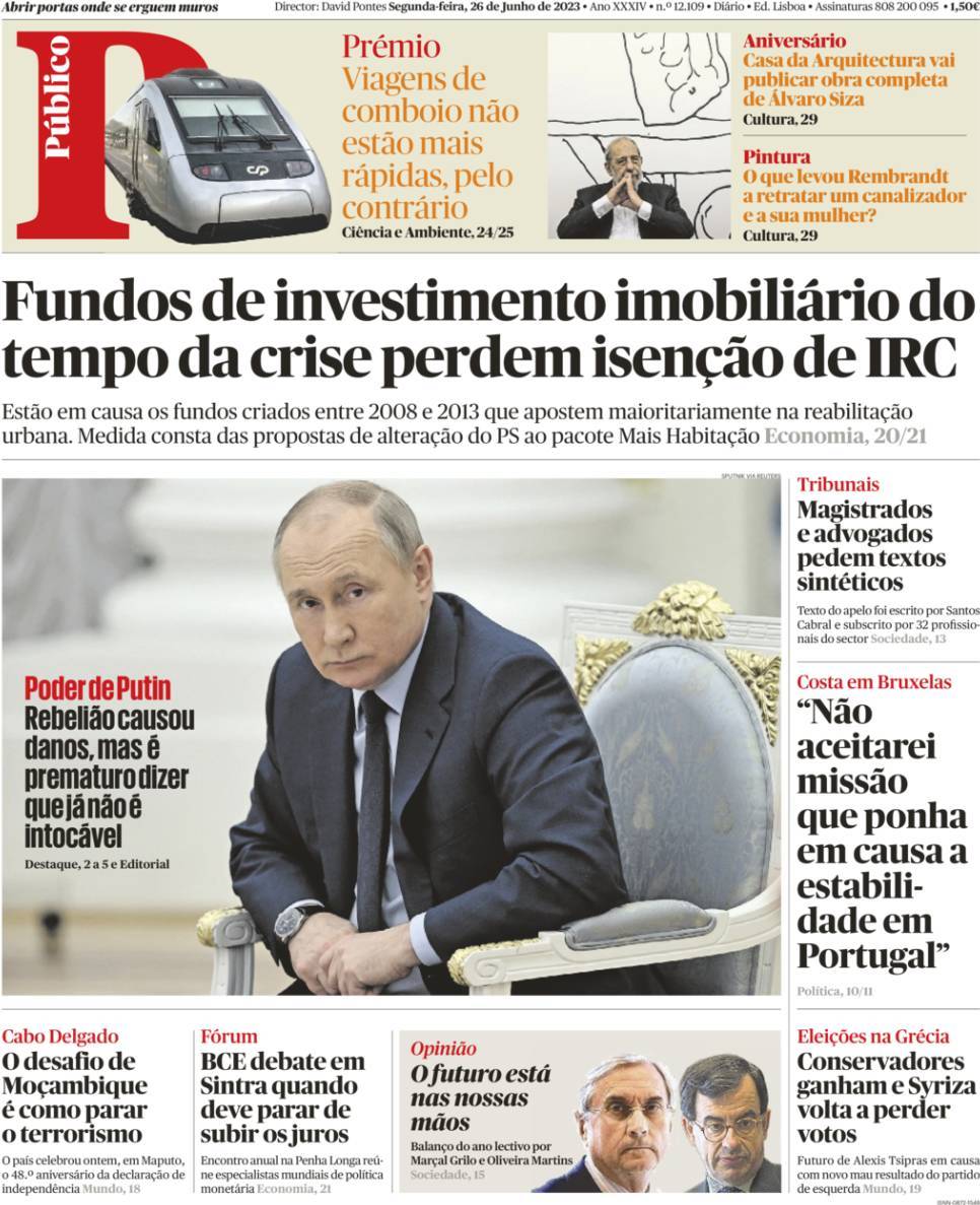 P&uacute;blico: Capa da Edi&ccedil;&atilde;o de segunda-feira, 26 de junho 2023