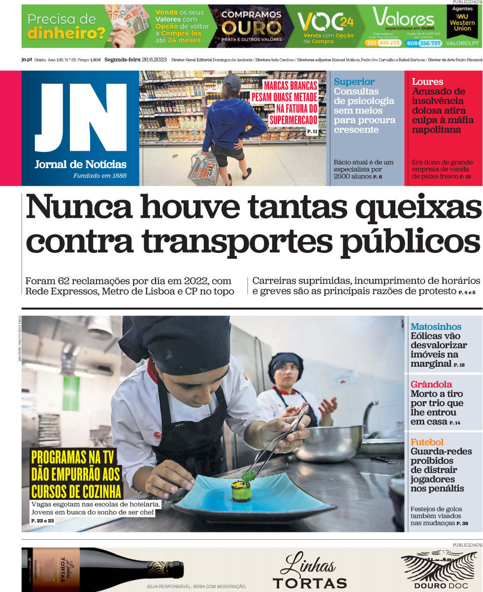 Jornal de Not&iacute;cias: Capa da Edi&ccedil;&atilde;o de segunda-feira, 26 de junho 2023