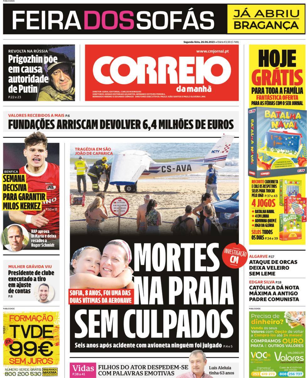Correio da Manh&atilde;: Capa da Edi&ccedil;&atilde;o de segunda-feira, 26 de junho 2023