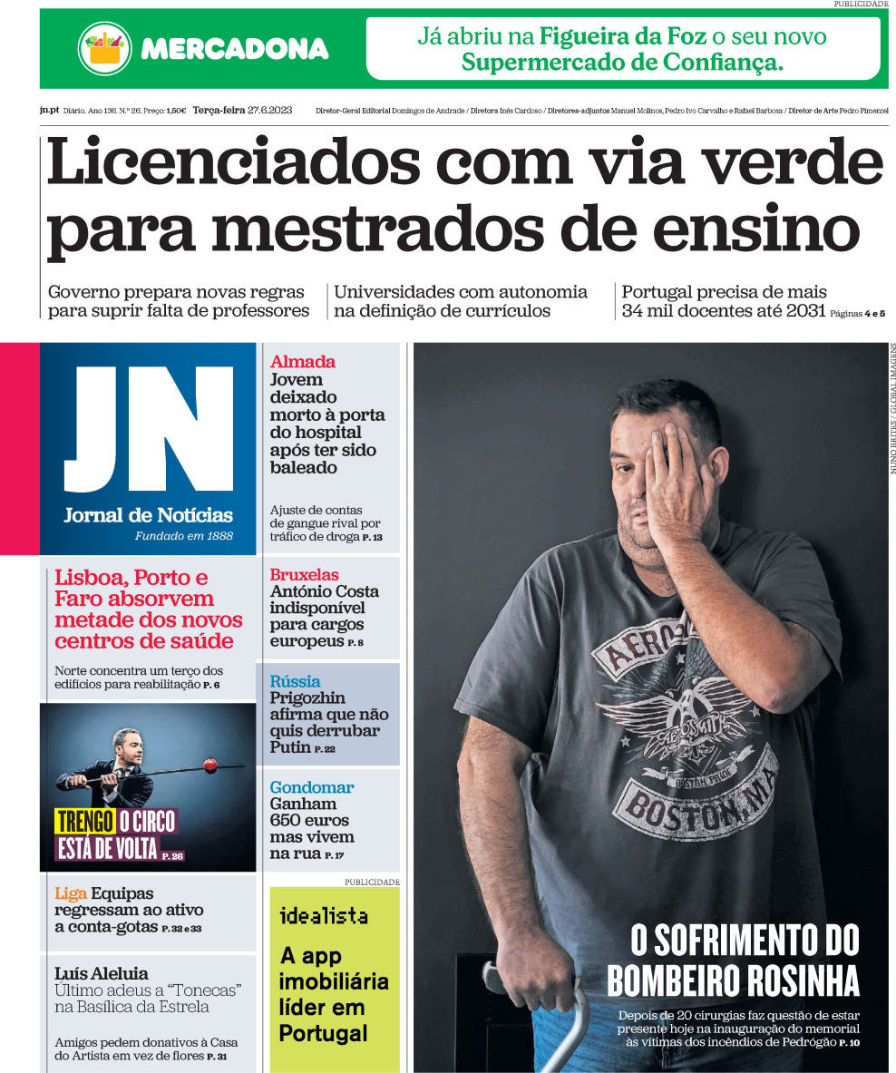 Jornal de Not&iacute;cias: Capa da Edi&ccedil;&atilde;o de ter&ccedil;a-feira, 27 de junho 2023