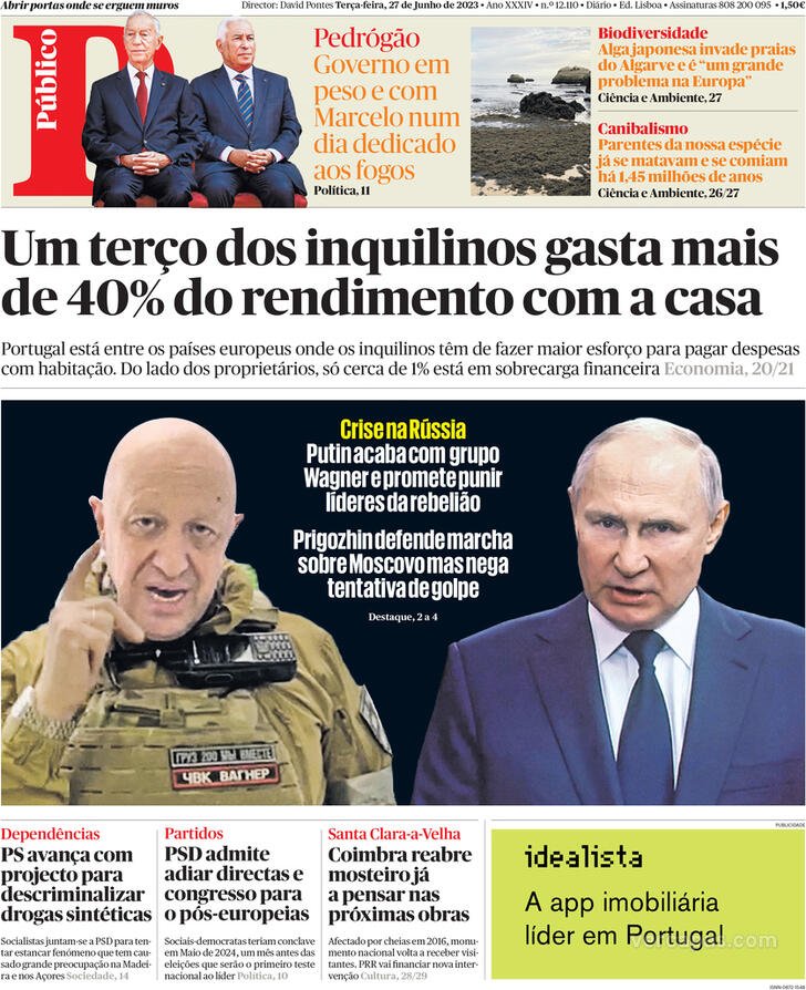 P&uacute;blico: Capa da Edi&ccedil;&atilde;o de segunda-feira, 27 de junho 2023