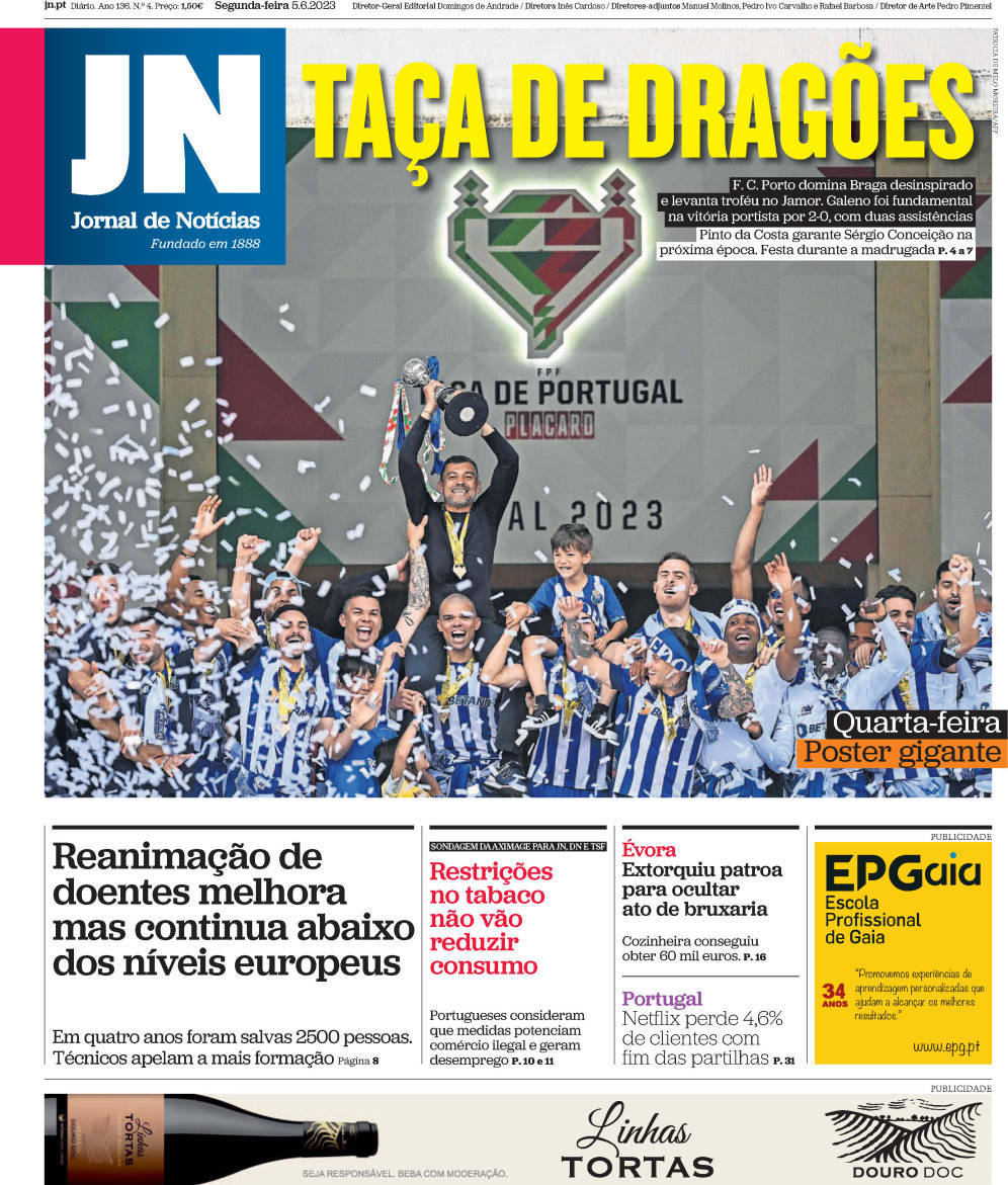 Jornal de Notícias, Jornal de Notícias: Capa da Edição de segunda-feira, 05 de junho 2023