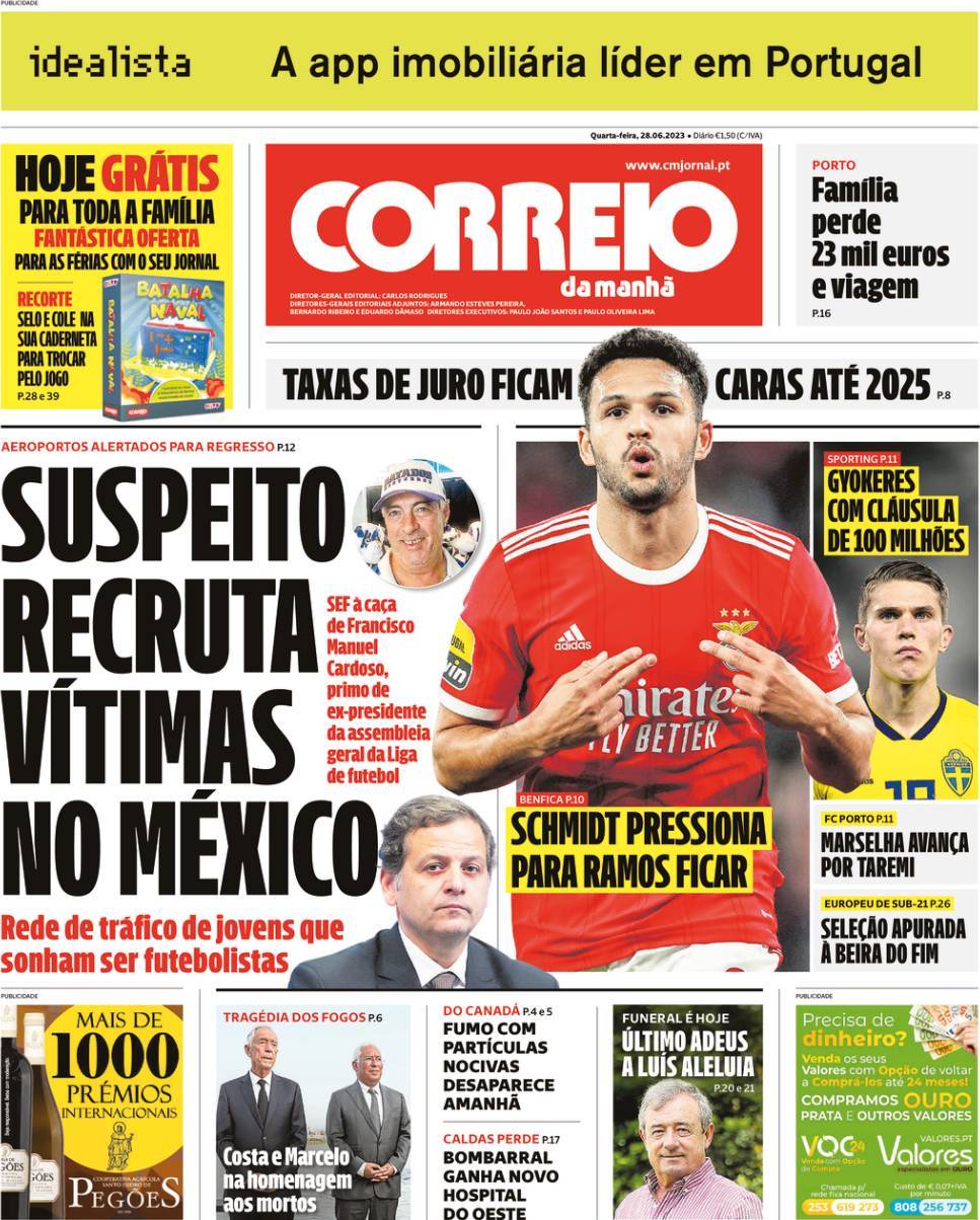 Correio da Manh&atilde;: Capa da Edi&ccedil;&atilde;o de quarta-feira, 28 de junho 2023