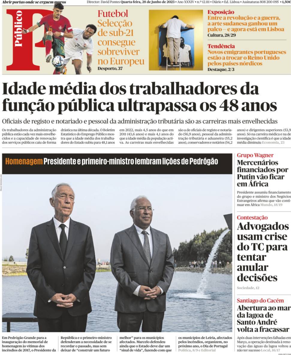 P&uacute;blico: Capa da Edi&ccedil;&atilde;o de quarta-feira, 28 de junho 2023