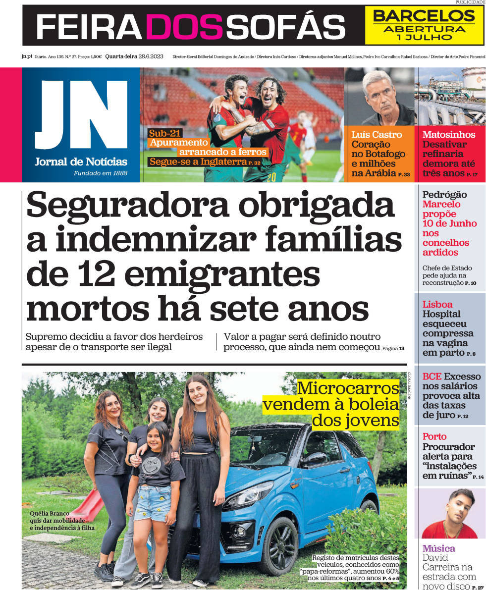 Jornal de Not&iacute;cias: Capa da Edi&ccedil;&atilde;o de quarta-feira, 28 de junho 2023