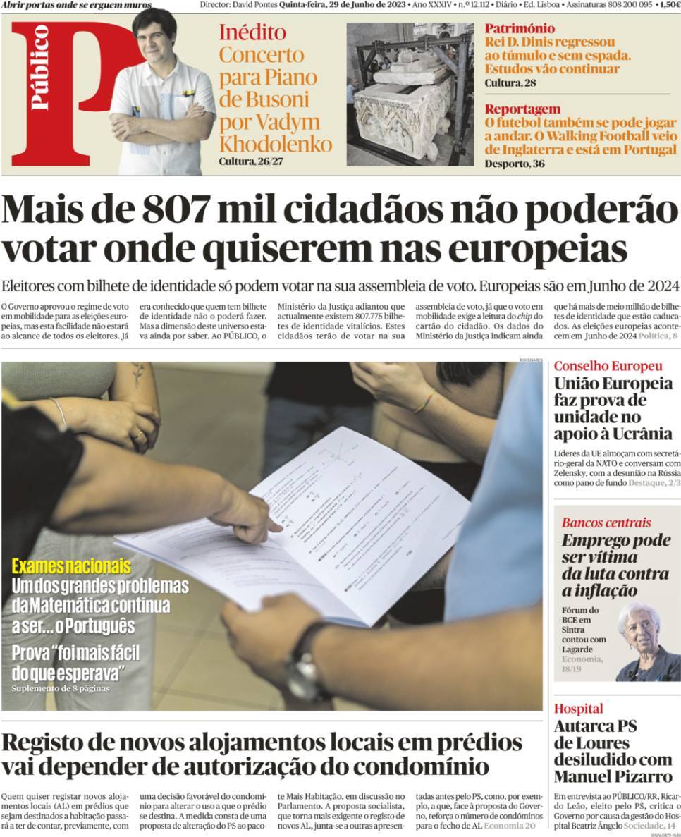 P&uacute;blico: Capa da Edi&ccedil;&atilde;o de quinta-feira, 29 de junho 2023