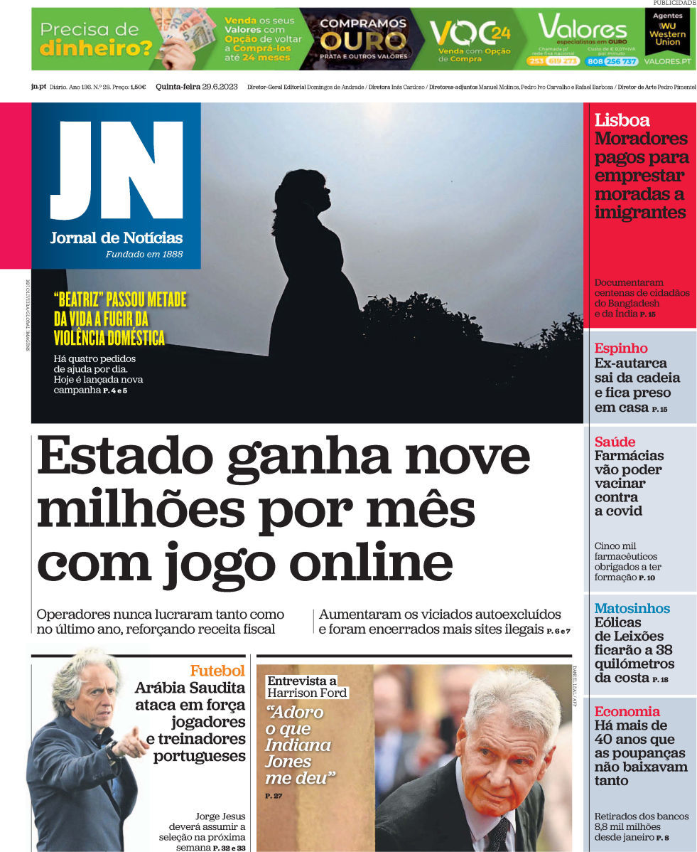 Jornal de Not&iacute;cias: Capa da Edi&ccedil;&atilde;o de quinta-feira, 29 de junho 2023