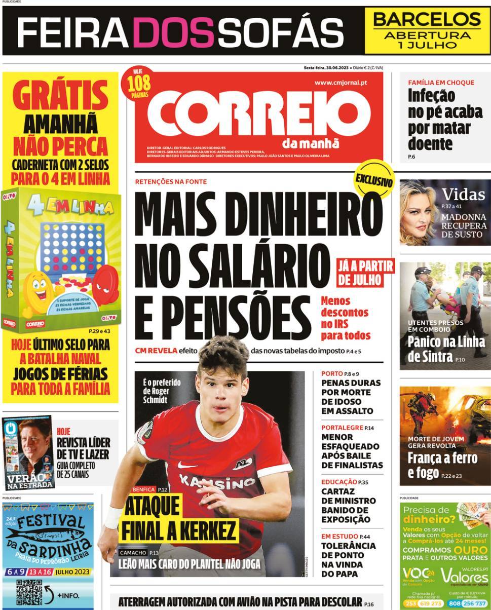 Correio da Manh&atilde;: Capa da Edi&ccedil;&atilde;o de sexta-feira, 30 de junho 2023