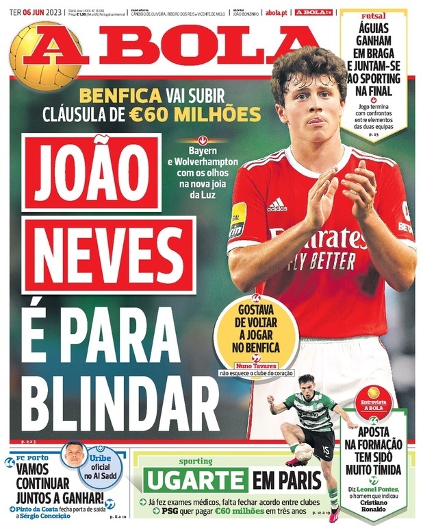 A Bola: Capa da Edi&ccedil;&atilde;o de ter&ccedil;a-feira, 06 de junho 2023