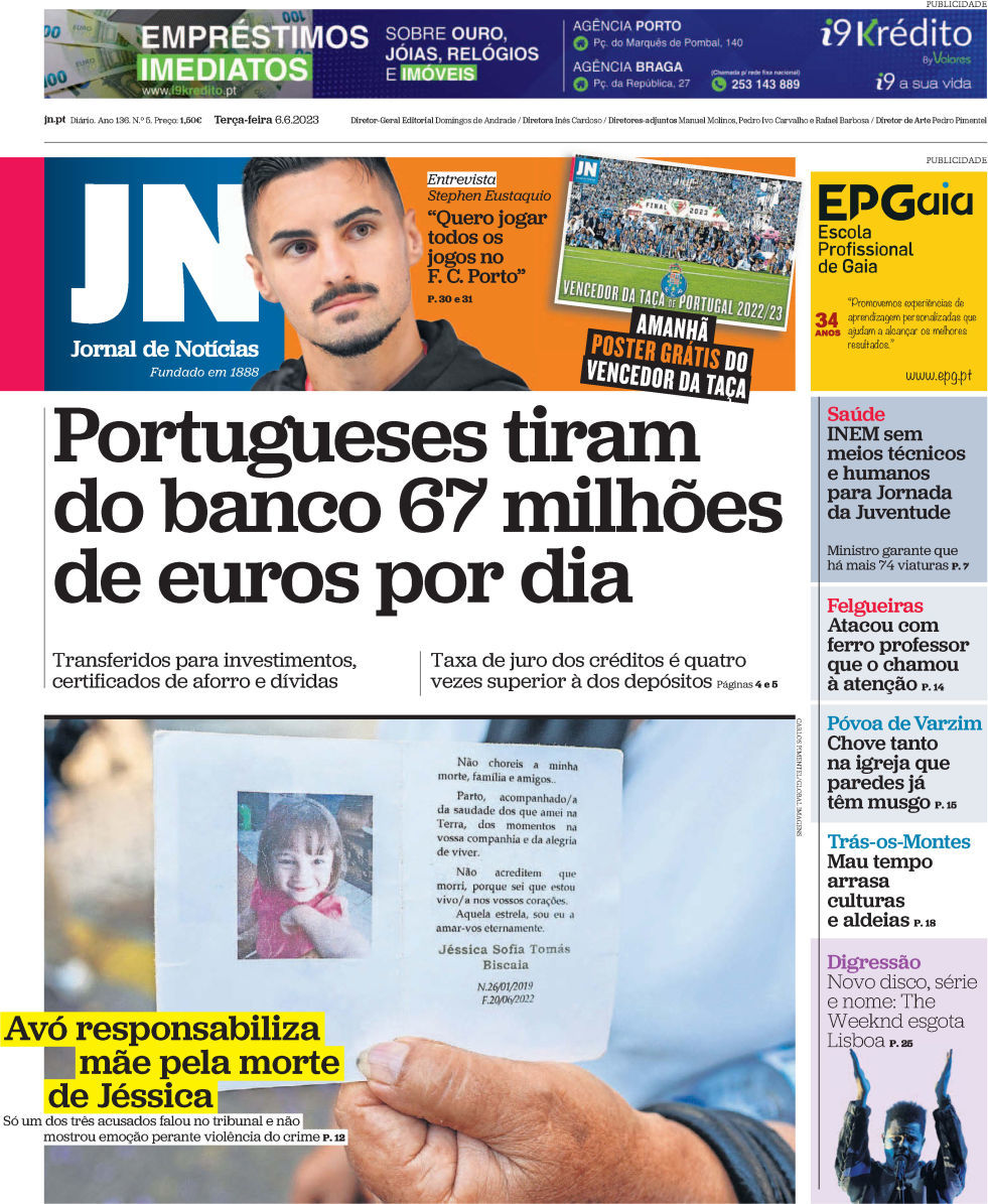 Jornal de Not&iacute;cias: Capa da Edi&ccedil;&atilde;o de ter&ccedil;a-feira, 06 de junho 2023