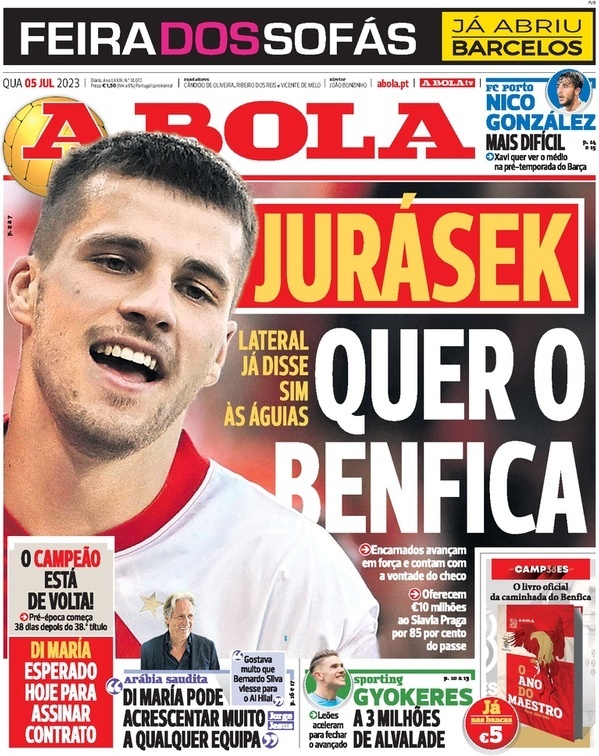 A Bola: Capa da Edi&ccedil;&atilde;o de quarta-feira, 05 de julho 2023