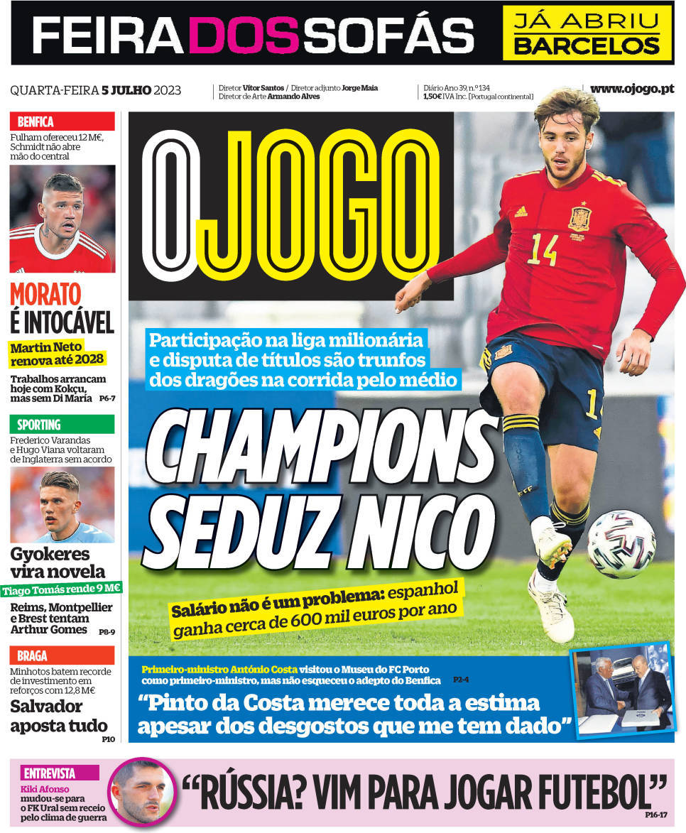 O Jogo: Capa da Edi&ccedil;&atilde;o de quarta-feira, 05 de julho 2023
