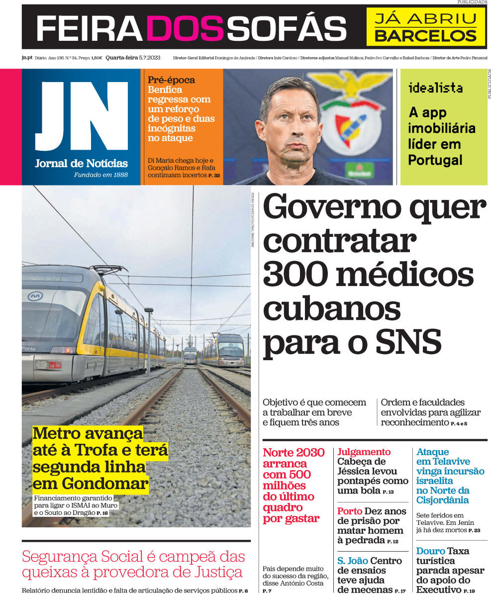 Jornal de Not&iacute;cias: Capa da Edi&ccedil;&atilde;o de quarta-feira, 05 de julho 2023