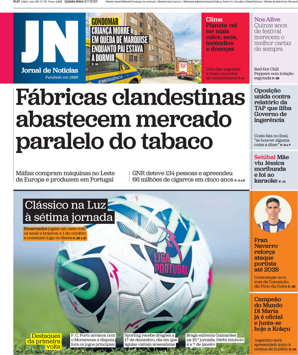 Jornal de Not&iacute;cias: Capa da Edi&ccedil;&atilde;o de quinta-feira, 06 de julho 2023