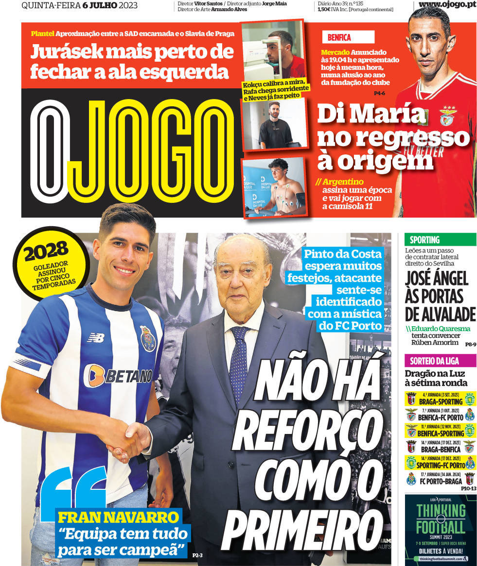 O Jogo: Capa da Edi&ccedil;&atilde;o de quinta-feira, 06 de julho 2023
