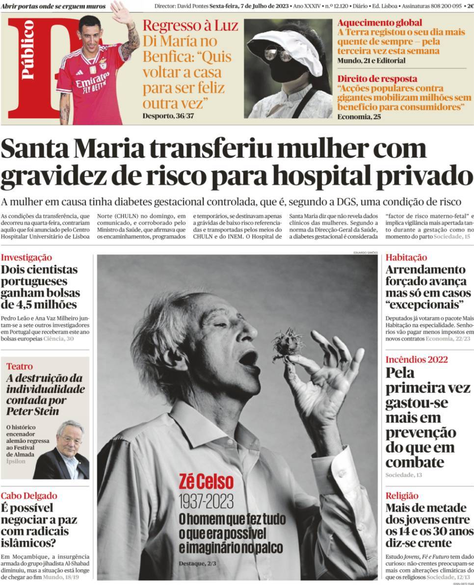P&uacute;blico: Capa da Edi&ccedil;&atilde;o de sexta-feira, 07 de julho 2023