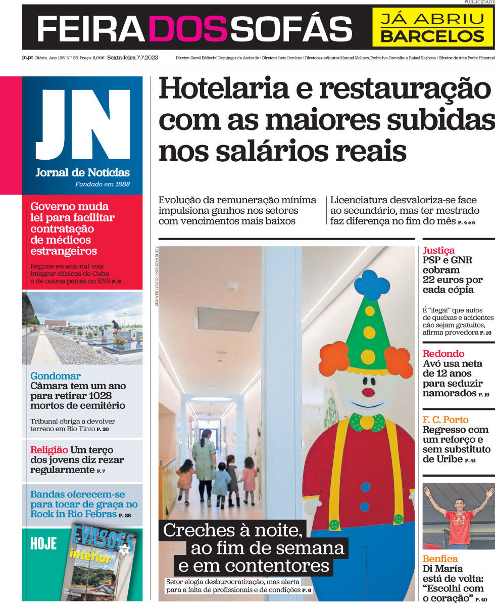 Jornal de Not&iacute;cias: Capa da Edi&ccedil;&atilde;o de sexta-feira, 07 de julho 2023