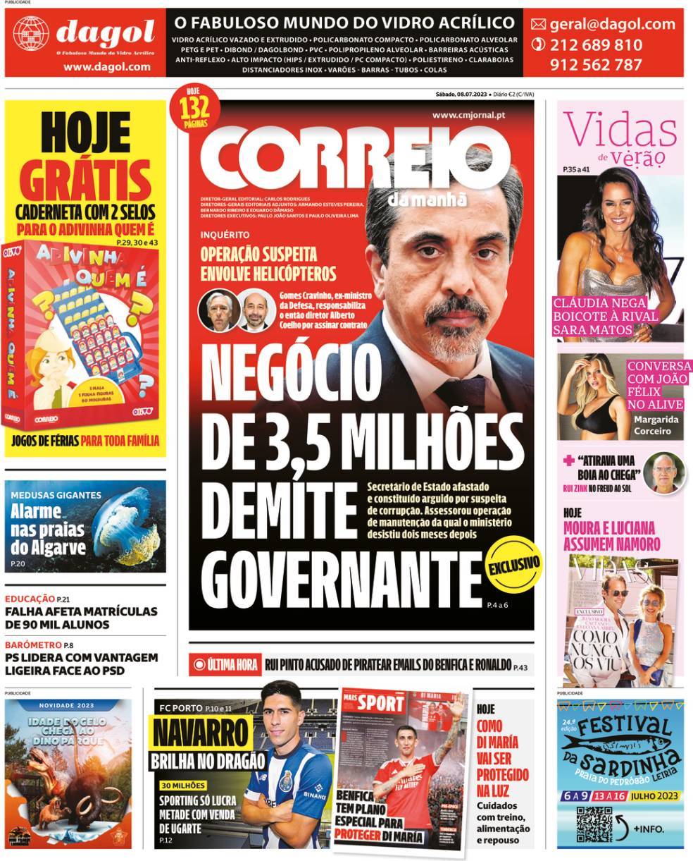 Correio da Manh&atilde;: Capa da Edi&ccedil;&atilde;o de s&aacute;bado, 08 de julho 2023