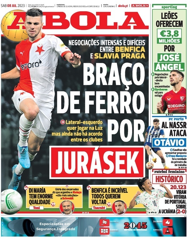 A Bola: Capa da Edi&ccedil;&atilde;o de s&aacute;bado, 08 de julho 2023