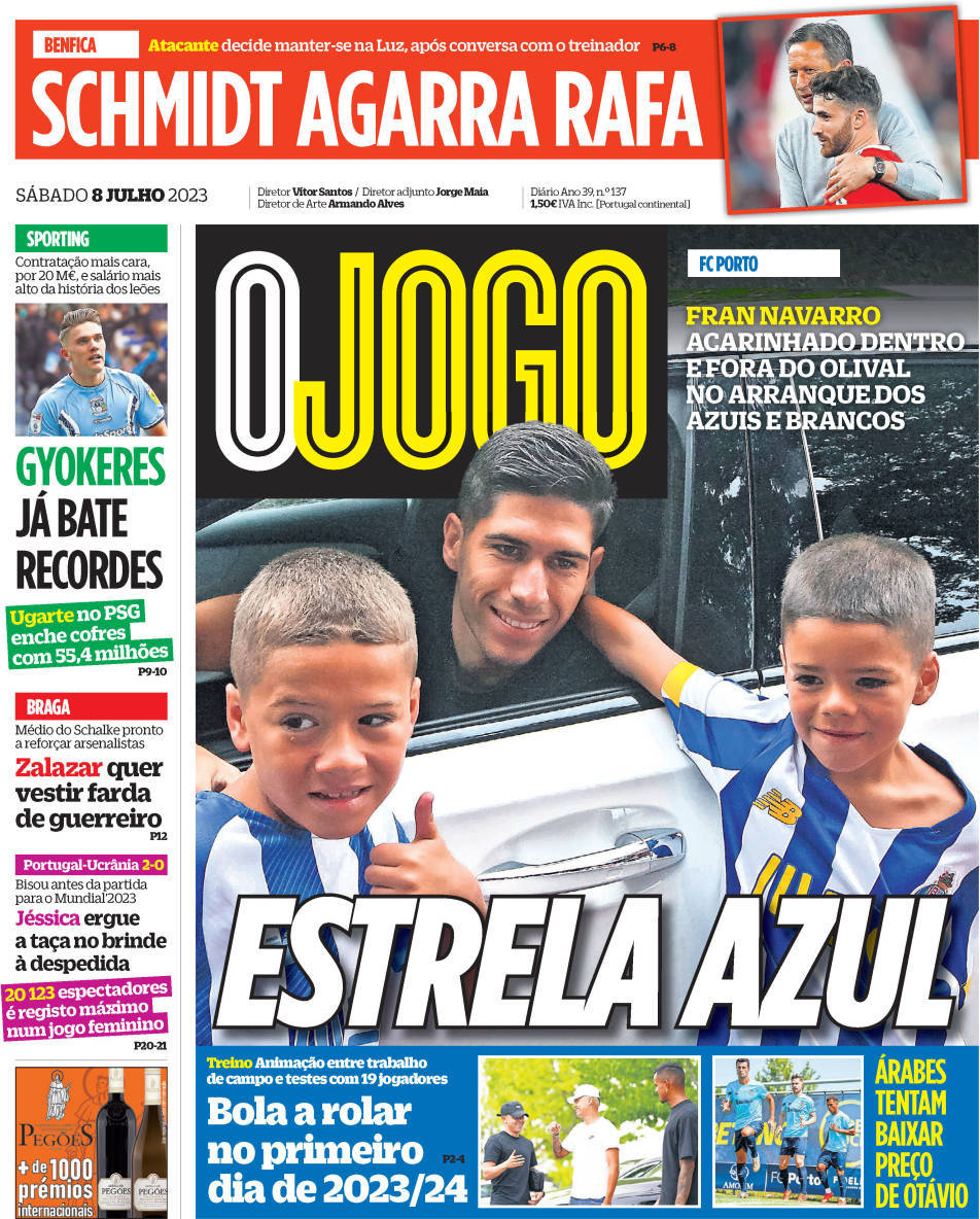 O Jogo: Capa da Edi&ccedil;&atilde;o de s&aacute;bado, 08 de julho 2023