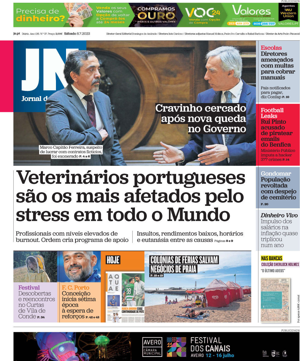 Jornal de Not&iacute;cias: Capa da Edi&ccedil;&atilde;o de s&aacute;bado, 08 de julho 2023