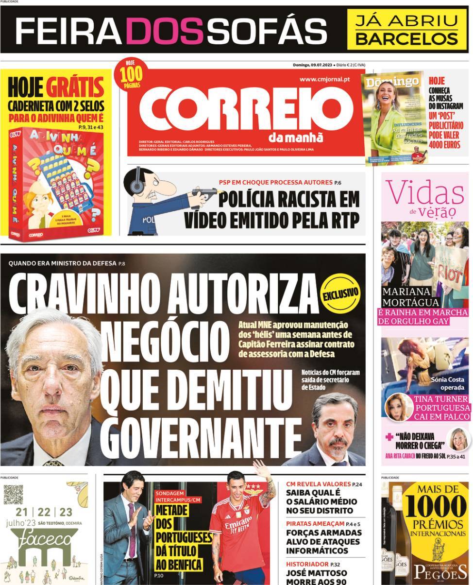 Correio da Manh&atilde;: Capa da Edi&ccedil;&atilde;o de domingo, 09 de julho 2023