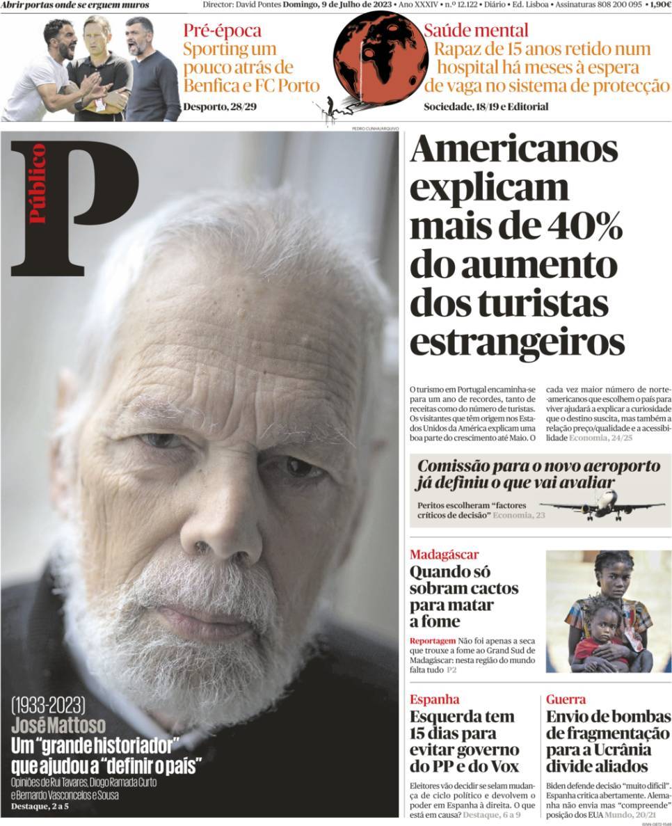 P&uacute;blico: Capa da Edi&ccedil;&atilde;o de domingo, 09 de julho 2023