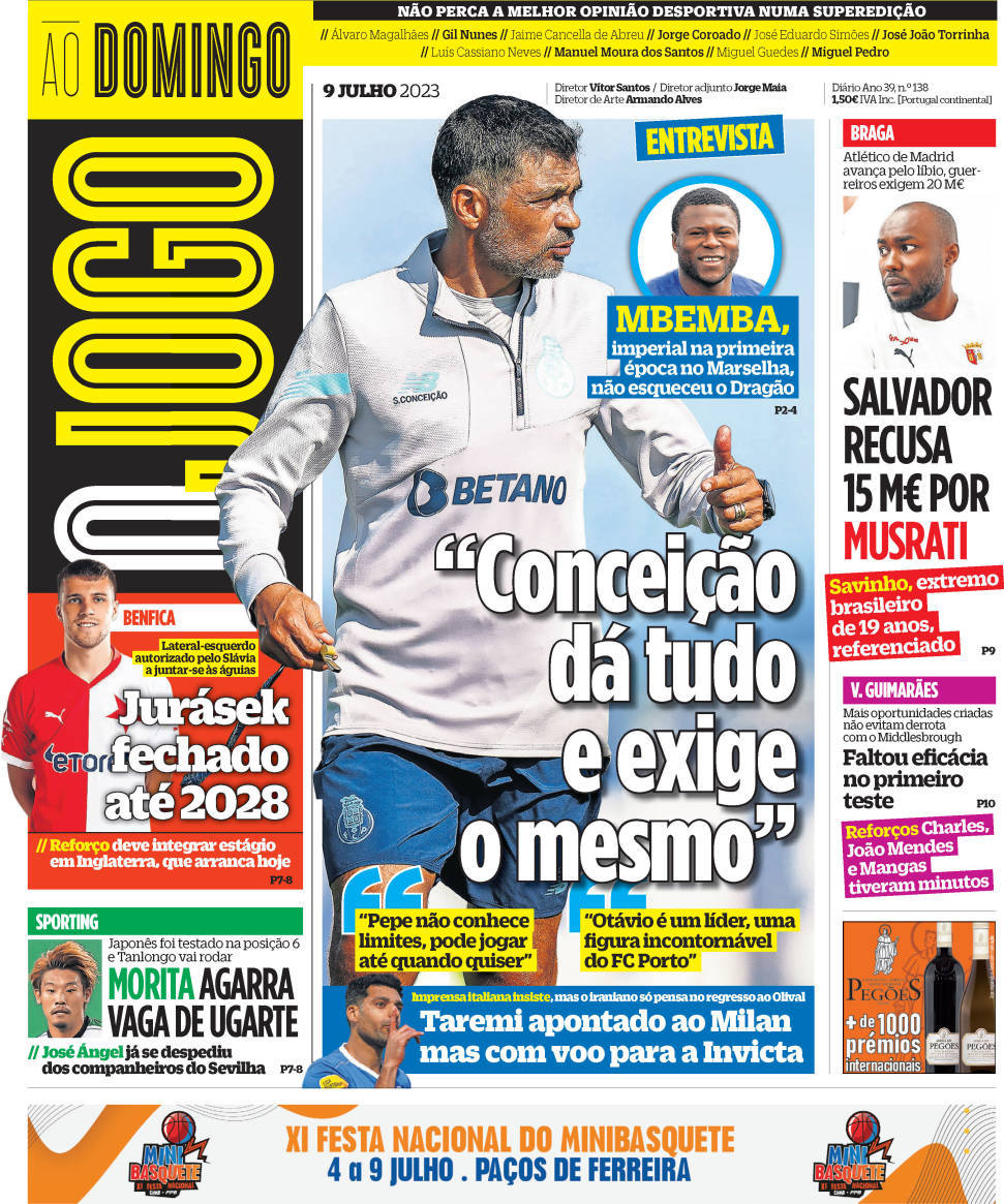 O Jogo: Capa da Edi&ccedil;&atilde;o de domingo, 09 de julho 2023