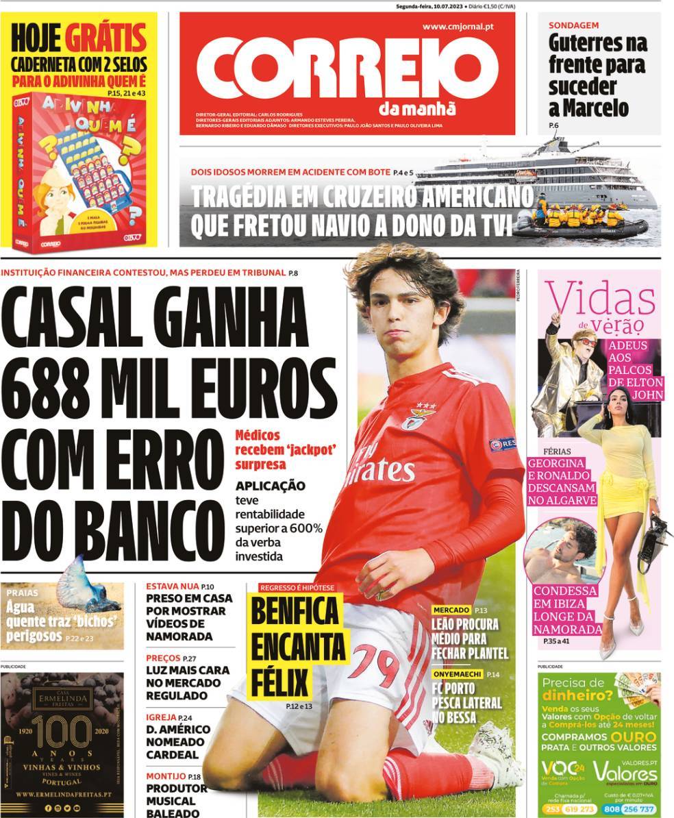 Correio da Manh&atilde;: Capa da Edi&ccedil;&atilde;o de segunda-feira, 10 de julho 2023