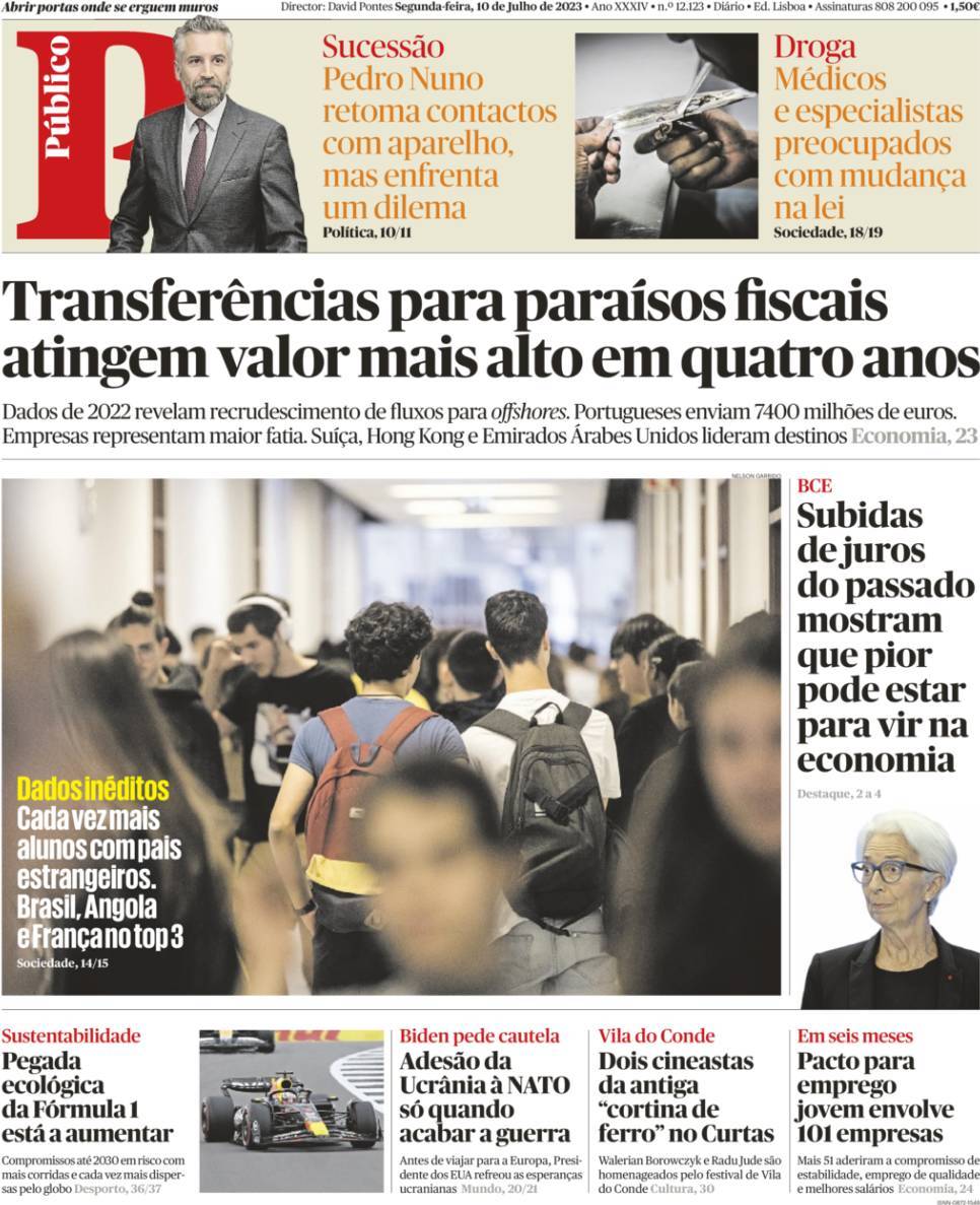 P&uacute;blico: Capa da Edi&ccedil;&atilde;o de segunda-feira, 10 de julho 2023