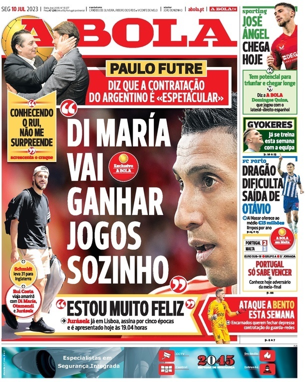 A Bola: Capa da Edi&ccedil;&atilde;o de segunda-feira, 10 de julho 2023