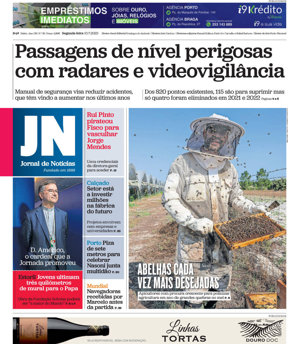 Jornal de Not&iacute;cias: Capa da Edi&ccedil;&atilde;o de segunda-feira, 10 de julho 2023