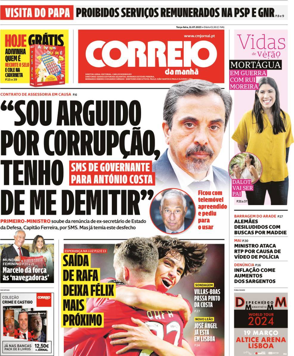 Correio da Manh&atilde;: Capa da Edi&ccedil;&atilde;o de ter&ccedil;a-feira, 11 de julho 2023