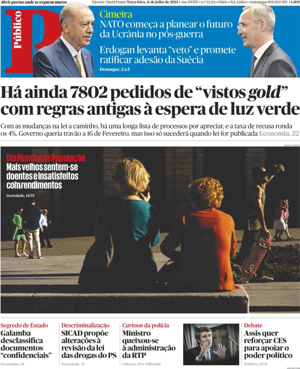 P&uacute;blico: Capa da Edi&ccedil;&atilde;o de ter&ccedil;a-feira, 11 de julho 2023