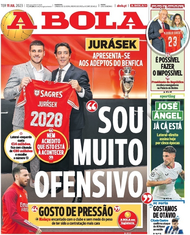 A Bola: Capa da Edi&ccedil;&atilde;o de ter&ccedil;a-feira, 11 de julho 2023