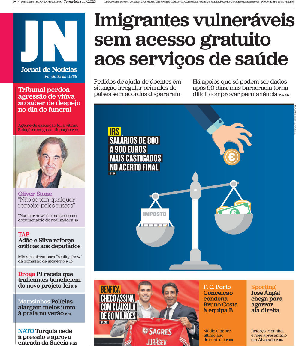 Jornal de Not&iacute;cias: Capa da Edi&ccedil;&atilde;o de ter&ccedil;a-feira, 11 de julho 2023