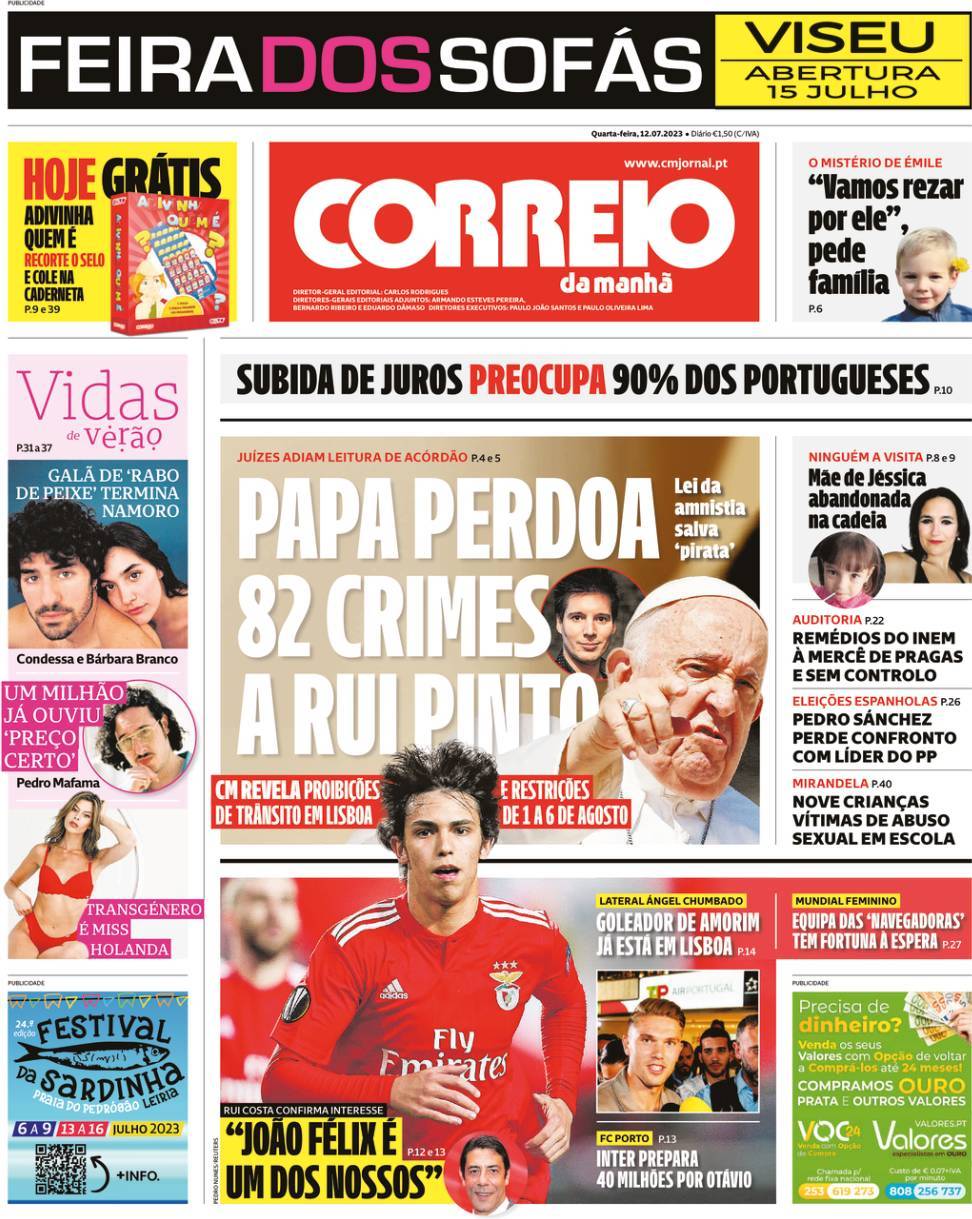 Correio da Manh&atilde;: Capa da Edi&ccedil;&atilde;o de quarta-feira, 12 de julho 2023