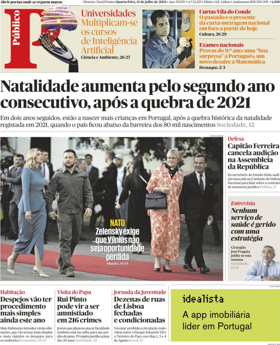 P&uacute;blico: Capa da Edi&ccedil;&atilde;o de quarta-feira, 12 de julho 2023