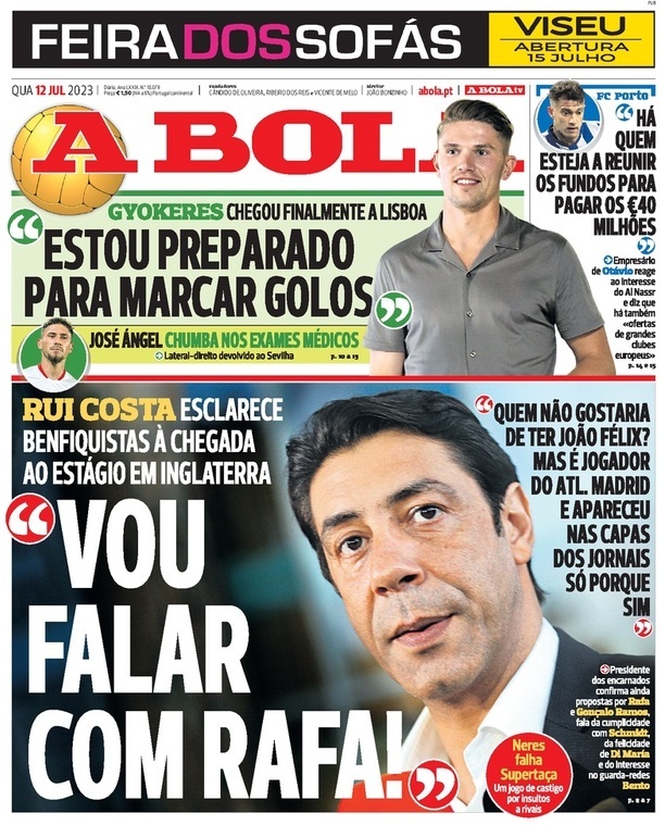 A Bola: Capa da Edi&ccedil;&atilde;o de quarta-feira, 12 de julho 2023