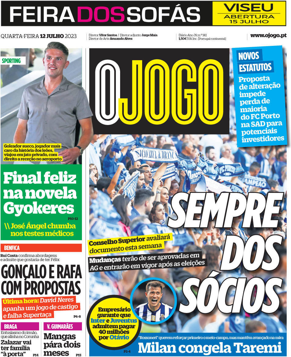 O Jogo: Capa da Edi&ccedil;&atilde;o de quarta-feira, 12 de julho 2023