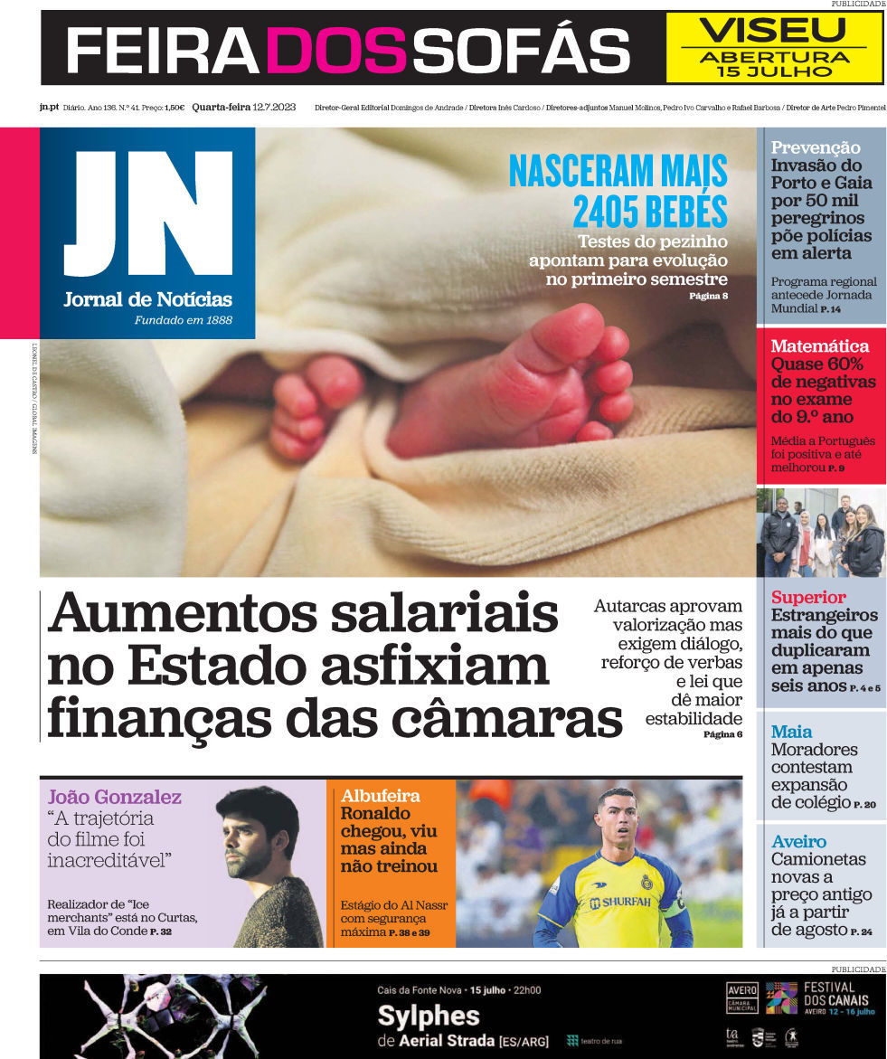 Jornal de Not&iacute;cias: Capa da Edi&ccedil;&atilde;o de quarta-feira, 12 de julho 2023