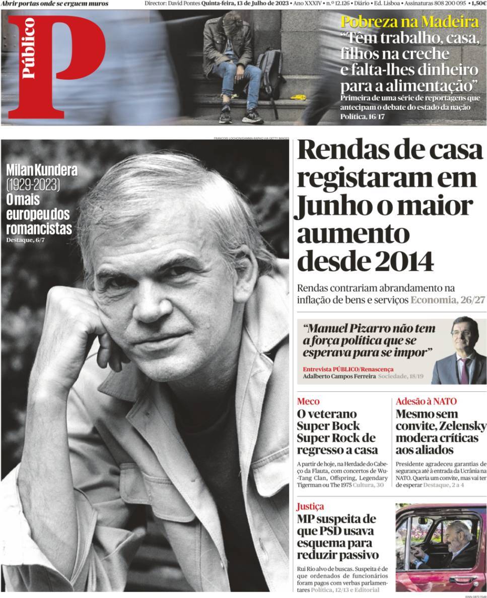P&uacute;blico: Capa da Edi&ccedil;&atilde;o de quinta-feira, 13 de julho 2023