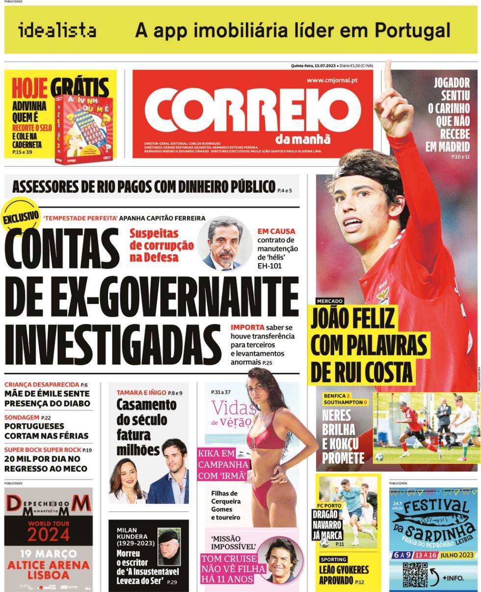 Correio da Manh&atilde;: Capa da Edi&ccedil;&atilde;o de quinta-feira, 13 de julho 2023