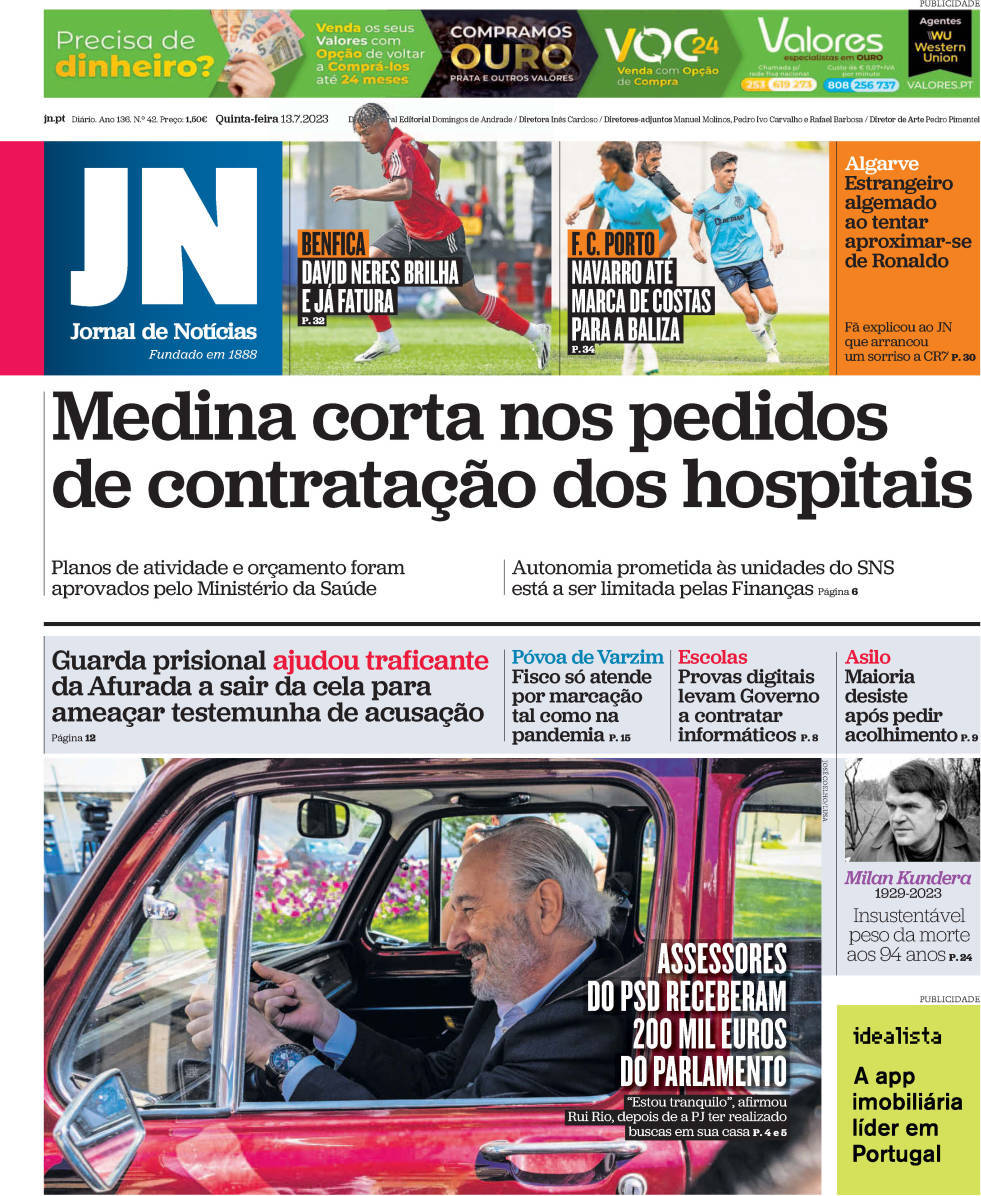 Jornal de Not&iacute;cias: Capa da Edi&ccedil;&atilde;o de quinta-feira, 13 de julho 2023