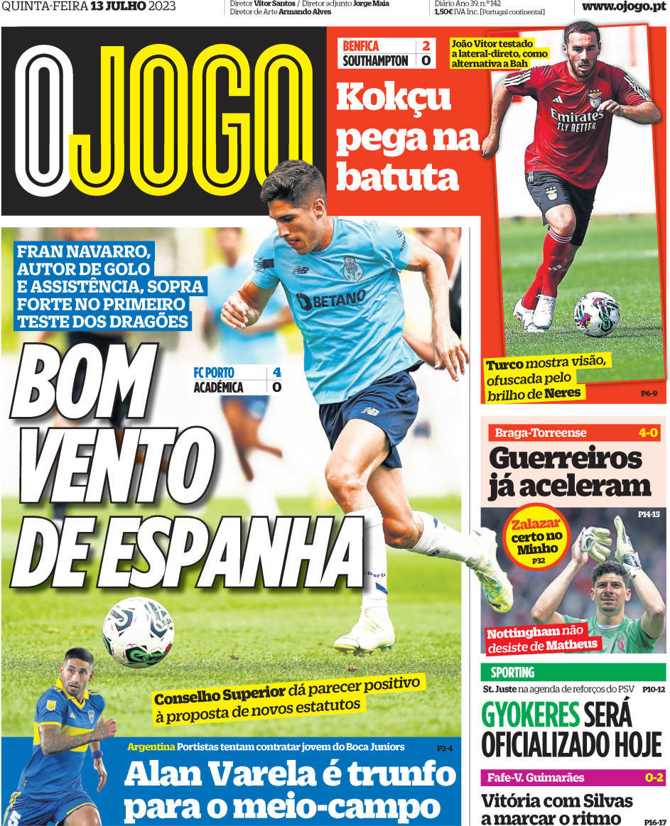 O Jogo: Capa da Edi&ccedil;&atilde;o de quinta-feira, 13 de julho 2023