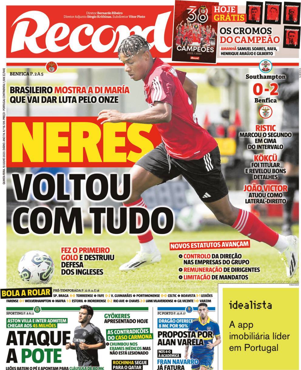 Record: Capa da Edi&ccedil;&atilde;o de quinta-feira, 13 de julho 2023