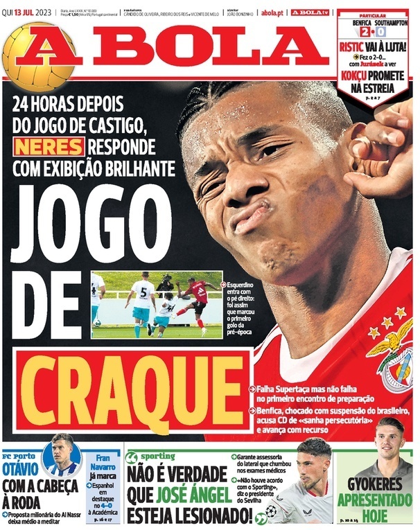 A Bola: Capa da Edi&ccedil;&atilde;o de quinta-feira, 13 de julho 2023