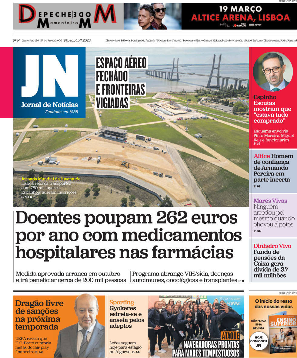 Jornal de Not&iacute;cias: Capa da Edi&ccedil;&atilde;o de s&aacute;bado, 15 de julho 2023