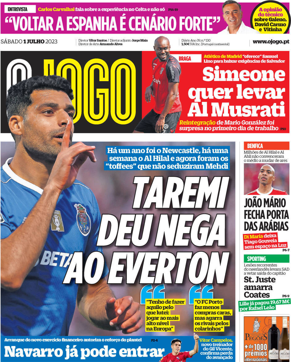 O Jogo: Capa da Edi&ccedil;&atilde;o de s&aacute;bado, 01 de julho 2023